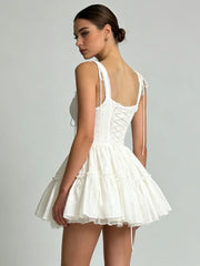 White Lace Up Spaghetti Strap Tiered Flared Mini Dress