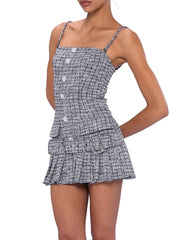 Grey Tweed Strap Frill Pleared Mini Dress
