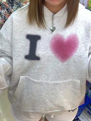 Grey Heart-Shaped Letter Print Hoodie