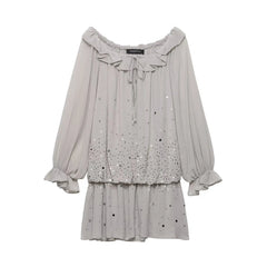 Grey Ruffle Off-Shoulder Sequin Mini Dress