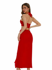 Red Flower Ruffles Halter Maxi Dress