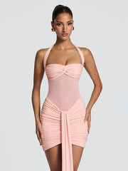 Halter Ruched Mesh Wrap Up Bodycon Mini Dress
