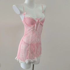 Pink Lingerie Transparent Lace Nightdress