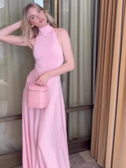 Pink Satin Turtleneck Patchwork Bodysuit Maxi Dress