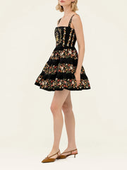 Black Floral Embroidered A-line Mini Dress