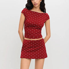 Polka Dot Short Sleeve Boat Neck Crop Top and Low Rise Mini Skirt Set