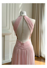 Pink Pleated High Neck Rhinestone Chain Open Back Maxi Dress
