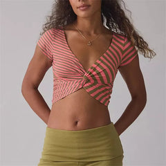 Polka Dot Deep V Front Twist Knot Crop Top