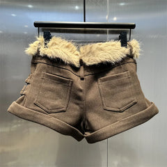 Brown Fur Belt Low Waist Shorts Free From Label