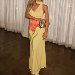 Yellow Floral Spaghetti Strap Halter Wrap Long Dress