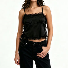 Satin Lace Trim Hem Side Tie Up Spaghetti Strap Top