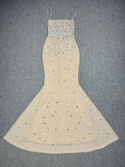 Spaghetti Strap Laced Up Rhinestone Detail Maxi Dress