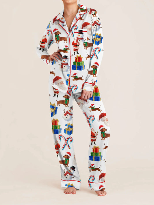 Christmas Bow/Dog/Snowman Print Long Sleeve Shirt with Pants Sleepwear Set