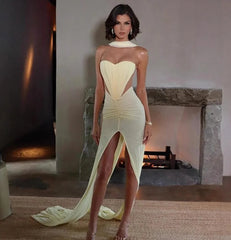 Yellow Patchwork Ruched Slit Wrap Around Sleeve Midi Dress