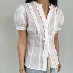 White Ruffle Puff Short Sleeve Button Down Top