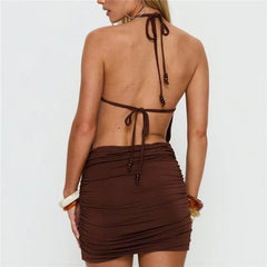 Brown Halter Beaded Neckline Open Back Ruched Mini Dress