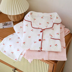 Cotton Cherry Print  Long-sleeved Shirt And Pants Loungewear Set