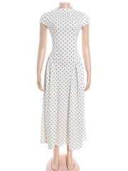 White Polka Dot High Neck Short Sleeve Dress