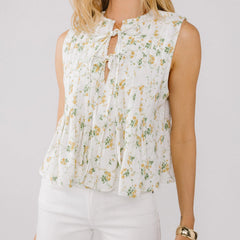 Pleated Floral Print Tie-Up Top