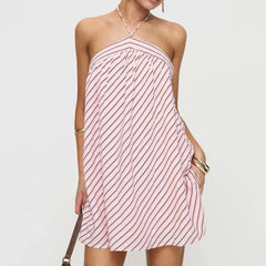 Pink Stripes Print Halter Short Dress