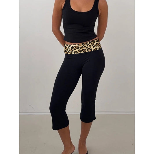 Leopard Print Fold Over Waistband Capri Pants