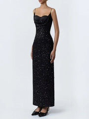 Black Sequin Spaghetti Strap Cowl Neck Midi Dress