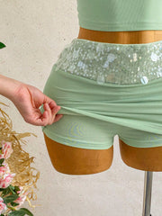 Green Sequin Patch Halter Top And Skort Set
