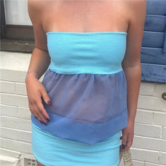 Two Tone Sheer Puff Hem Tube Top