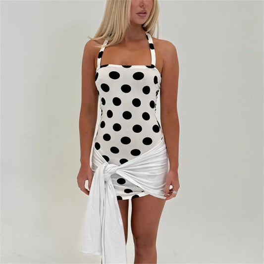 Polka Dot Halter Bodycon  Knotted Wrap Mini Dress