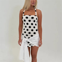 Polka Dot Halter Bodycon  Knotted Wrap Mini Dress