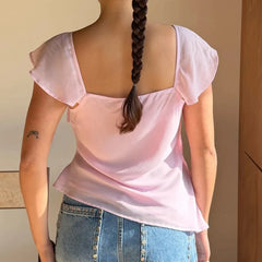 Ruffle Cap Sleeve Bow Tie Flowy Top