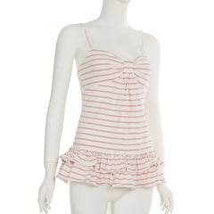 Pink Striped Ruffled Hem Tank Top