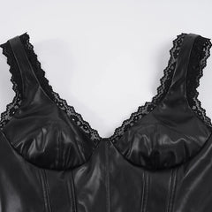 Black Lace Trim Pu Leather Crop Top