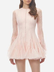 Lace Sheer Pleated Buttoned Long Sleeve Mini Dress