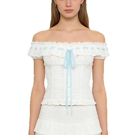 White Ruched Off-Shoulder Smocked Tie Up Top