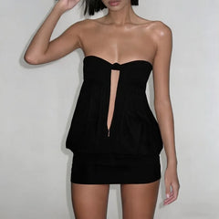 Black Hollow Out Strapless  Mini Dress