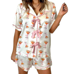 Bow Drinks Print Short Sleeve Top with Shorts Pajamas Set