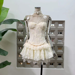 3D Floral Strap Corset Top And Elastic Waist Tiered Mini Skirt Set