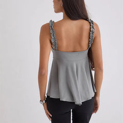 Ruffled Strap Satin V-neck Top