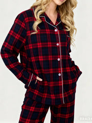 Plaid Print Long Sleeve Button Down Tops And Elastic Waist Pants Christmas Pajama Set