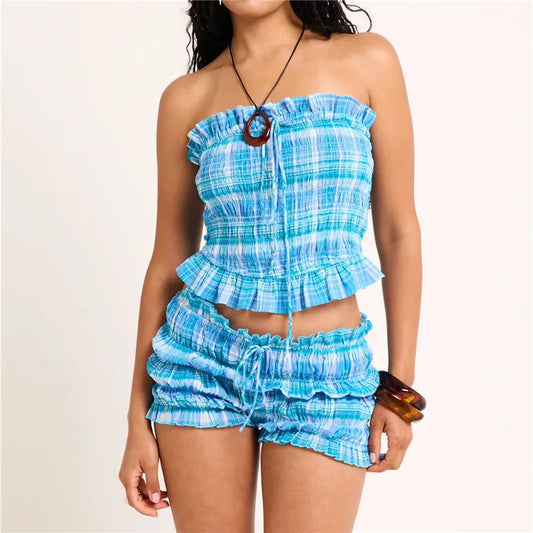 Blue Plaid Smocked Tube Top Ruffled Drawstring Shorts Set