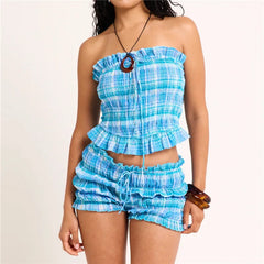Blue Plaid Smocked Tube Top Ruffled Drawstring Shorts Set