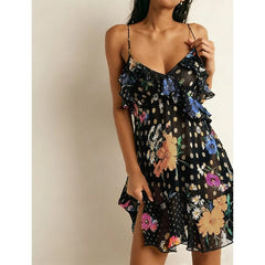 Polka Dot/Floral Sheer Ruffle Hem Mini Dress