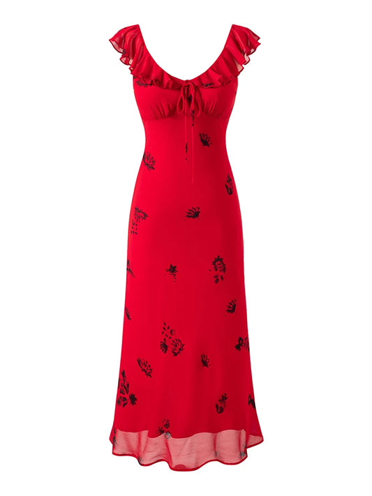 Red Floral Print Chiffon Sleeveless Midi Dress