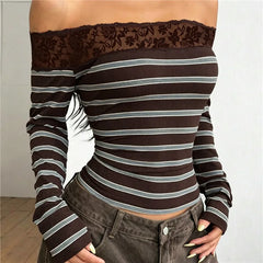 Brown Off-Shoulder Striped Lace Trim Long Sleeve Top