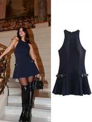 Black Buckle Solid Mini Dress