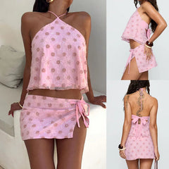 Pink Printed Tie-Up Top And Mini Skirt Set