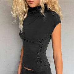 Solid Waist-Cinching Button Mock Neck Top