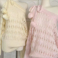 Knitted Off Shoulder Pom Pom Tie Up Sweatshirt