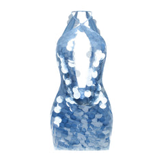 Blue Sequin Beaded Deep V-Neck Halter Mini Dress